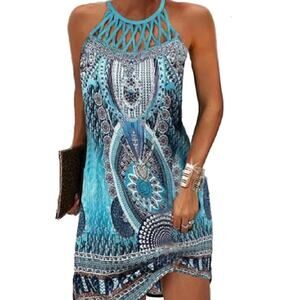 Floral Cut Out Halter Neck A-line Sundresses for Beach Vacation Teal Dress